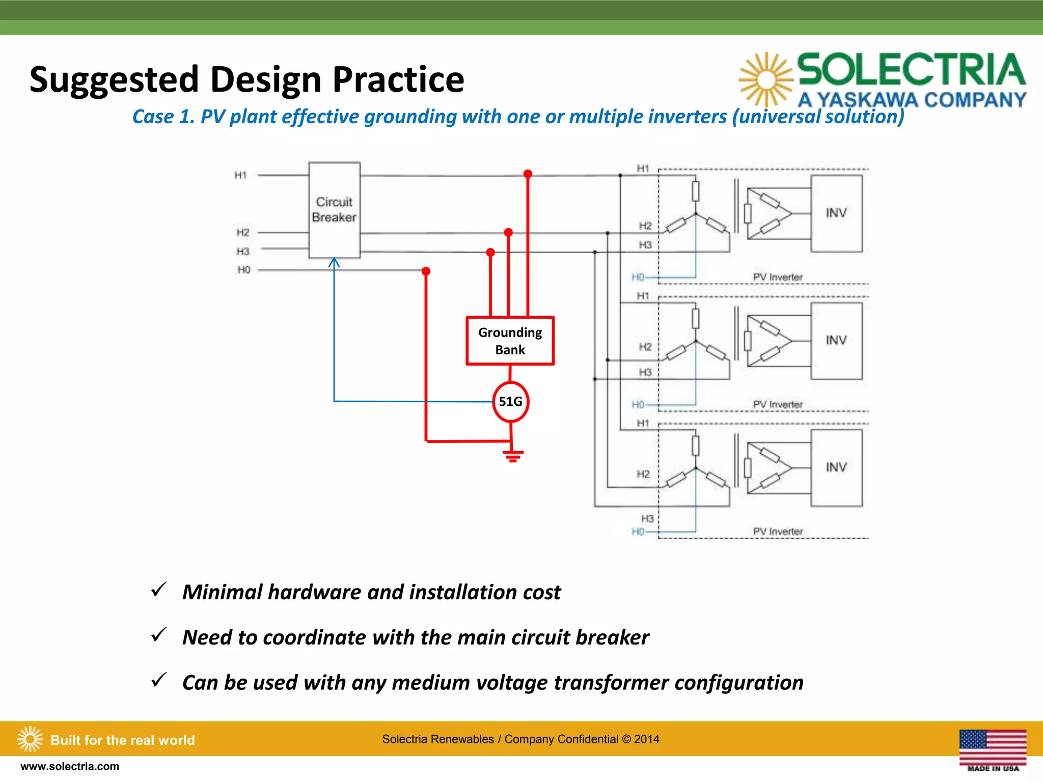 Suggested Design Practice 
Case 1. PV plant effective grounding with one or multiple inverters (universal solution) 
Grounding 
Bank 
51G 
Built for the real world Solectria Renewables / Company Confidential © 2014 
www.solectria.com 
 Minimal hardware and installation cost 
 Need to coordinate with the main circuit breaker 
 Can be used with any medium voltage transformer configuration 
 