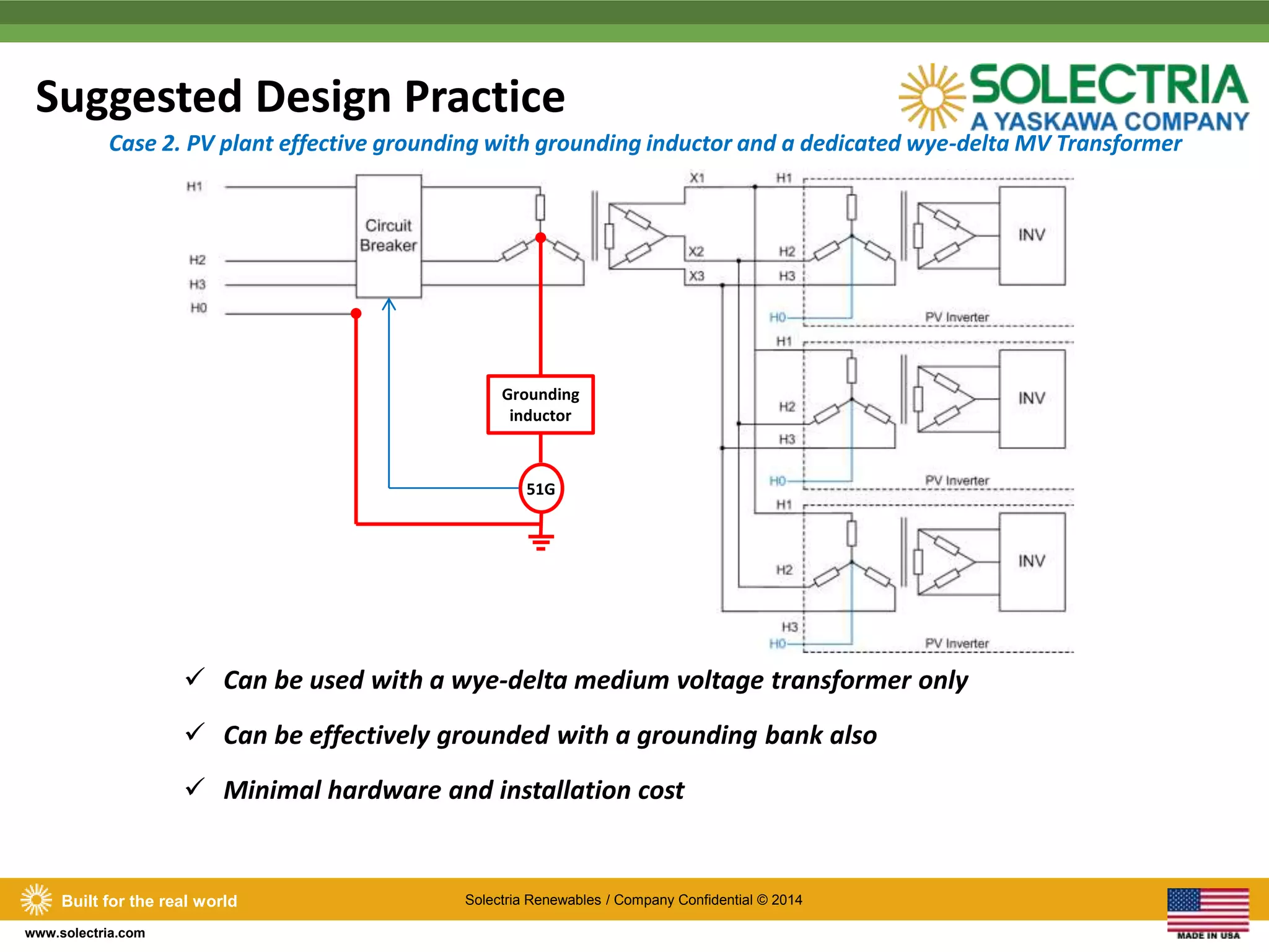 Suggested Design Practice 
Case 2. PV plant effective grounding with grounding inductor and a dedicated wye-delta MV Transformer 
Grounding 
inductor 
51G 
Built for the real world Solectria Renewables / Company Confidential © 2014 
www.solectria.com 
 Can be used with a wye-delta medium voltage transformer only 
 Can be effectively grounded with a grounding bank also 
 Minimal hardware and installation cost 
 
