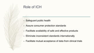 Role of ICH
– Safeguard public health
– Assure consumer protection standards
– Facilitate availability of safe and effective products
– Eliminate inconsistent standards internationally
– Facilitate mutual acceptance of data from clinical trials
 