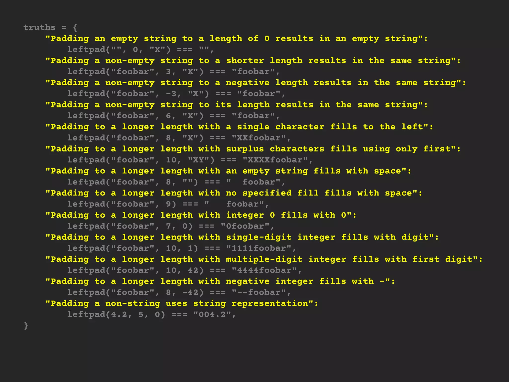 truths = {
"Padding an empty string to a length of 0 results in an empty string":
leftpad("", 0, "X") === "",
"Padding a non-empty string to a shorter length results in the same string":
leftpad("foobar", 3, "X") === "foobar",
"Padding a non-empty string to a negative length results in the same string":
leftpad("foobar", -3, "X") === "foobar",
"Padding a non-empty string to its length results in the same string":
leftpad("foobar", 6, "X") === "foobar",
"Padding to a longer length with a single character fills to the left":
leftpad("foobar", 8, "X") === "XXfoobar",
"Padding to a longer length with surplus characters fills using only first":
leftpad("foobar", 10, "XY") === "XXXXfoobar",
"Padding to a longer length with an empty string fills with space":
leftpad("foobar", 8, "") === " foobar",
"Padding to a longer length with no specified fill fills with space":
leftpad("foobar", 9) === " foobar",
"Padding to a longer length with integer 0 fills with 0":
leftpad("foobar", 7, 0) === "0foobar",
"Padding to a longer length with single-digit integer fills with digit":
leftpad("foobar", 10, 1) === "1111foobar",
"Padding to a longer length with multiple-digit integer fills with first digit":
leftpad("foobar", 10, 42) === "4444foobar",
"Padding to a longer length with negative integer fills with -":
leftpad("foobar", 8, -42) === "--foobar",
"Padding a non-string uses string representation":
leftpad(4.2, 5, 0) === "004.2",
}
 