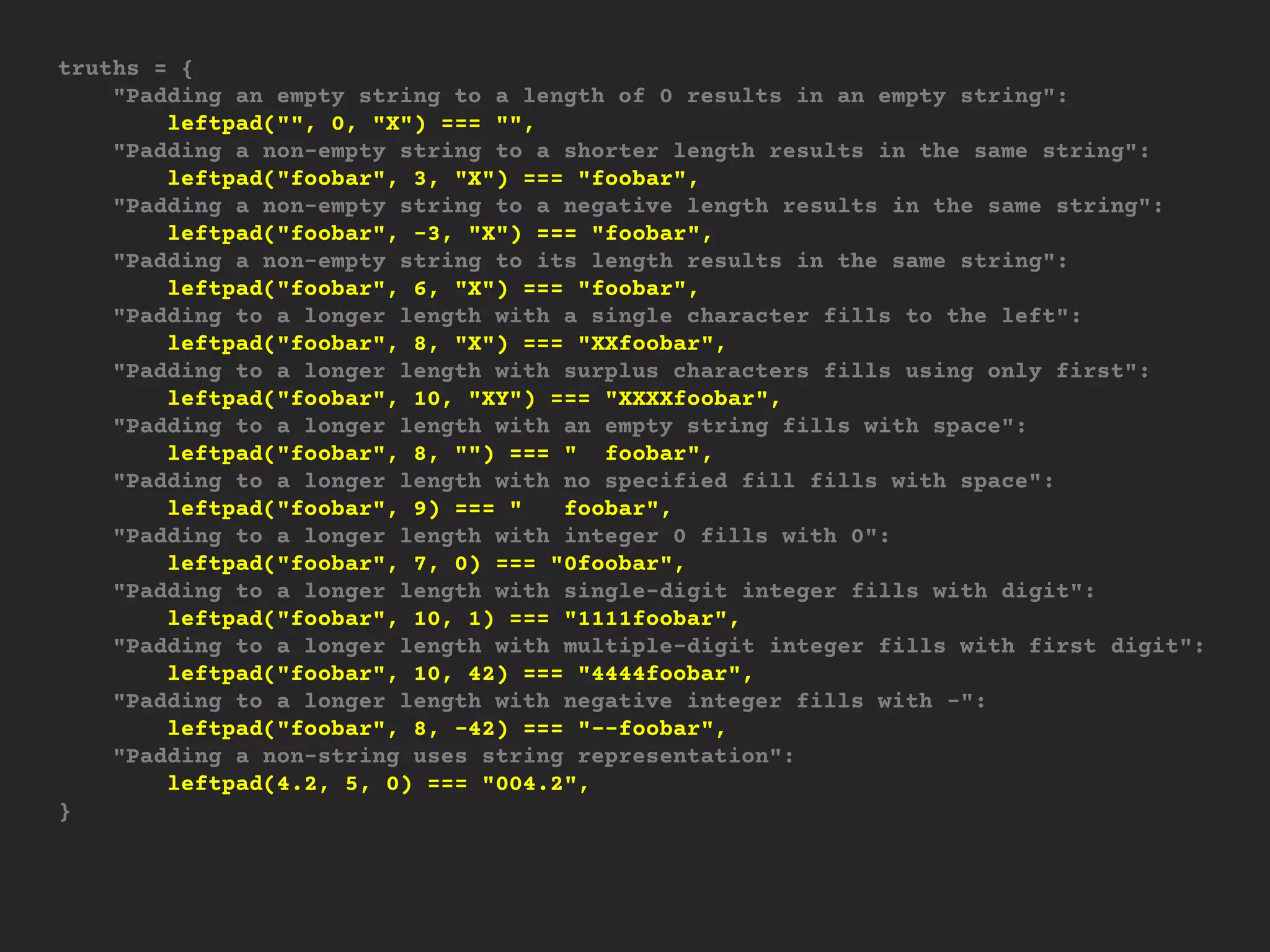 truths = {
"Padding an empty string to a length of 0 results in an empty string":
leftpad("", 0, "X") === "",
"Padding a non-empty string to a shorter length results in the same string":
leftpad("foobar", 3, "X") === "foobar",
"Padding a non-empty string to a negative length results in the same string":
leftpad("foobar", -3, "X") === "foobar",
"Padding a non-empty string to its length results in the same string":
leftpad("foobar", 6, "X") === "foobar",
"Padding to a longer length with a single character fills to the left":
leftpad("foobar", 8, "X") === "XXfoobar",
"Padding to a longer length with surplus characters fills using only first":
leftpad("foobar", 10, "XY") === "XXXXfoobar",
"Padding to a longer length with an empty string fills with space":
leftpad("foobar", 8, "") === " foobar",
"Padding to a longer length with no specified fill fills with space":
leftpad("foobar", 9) === " foobar",
"Padding to a longer length with integer 0 fills with 0":
leftpad("foobar", 7, 0) === "0foobar",
"Padding to a longer length with single-digit integer fills with digit":
leftpad("foobar", 10, 1) === "1111foobar",
"Padding to a longer length with multiple-digit integer fills with first digit":
leftpad("foobar", 10, 42) === "4444foobar",
"Padding to a longer length with negative integer fills with -":
leftpad("foobar", 8, -42) === "--foobar",
"Padding a non-string uses string representation":
leftpad(4.2, 5, 0) === "004.2",
}
 