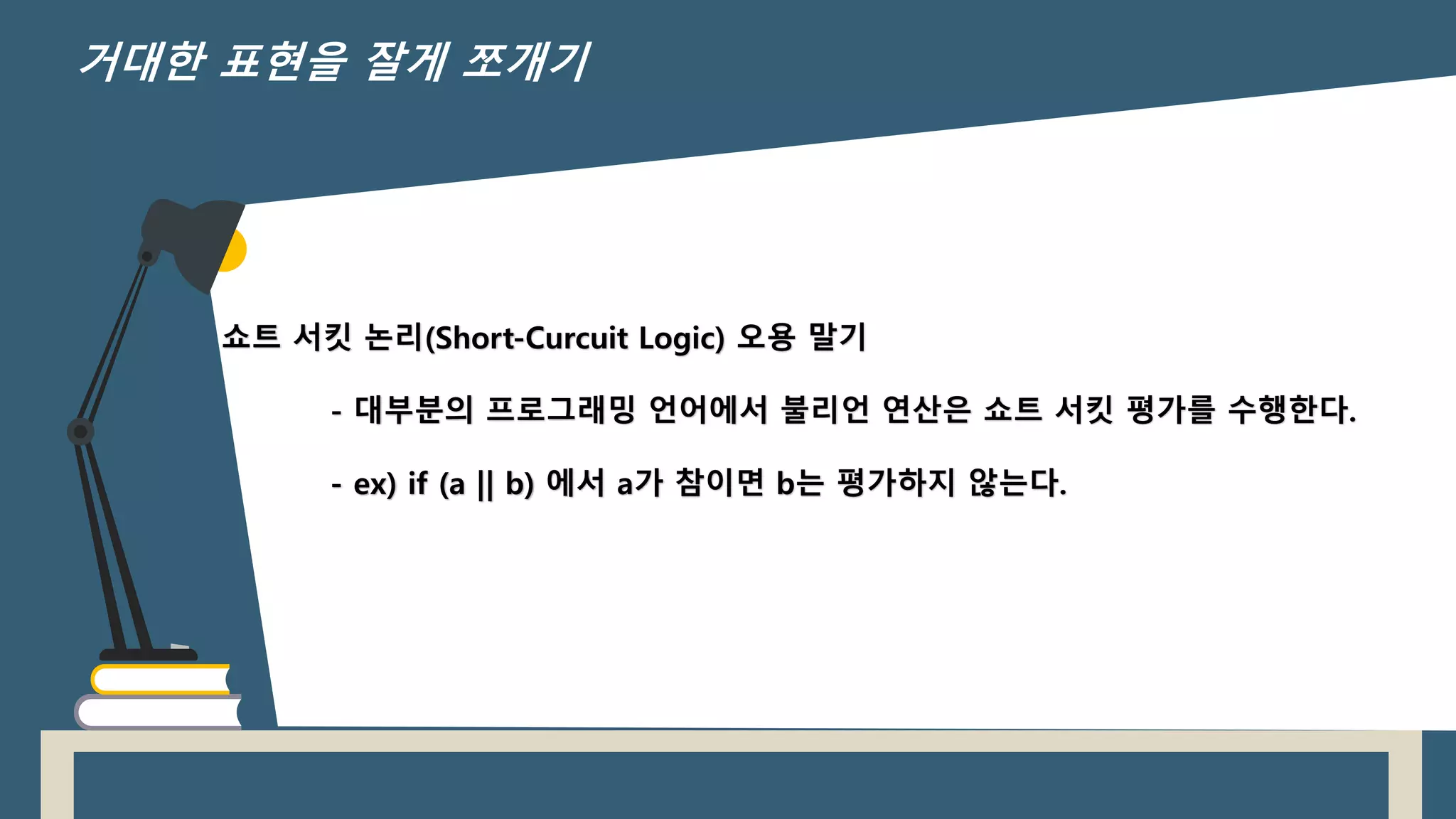 쇼트 서킷 논리(Short-Curcuit Logic) 오용 말기
- 대부분의 프로그래밍 언어에서 불리언 연산은 쇼트 서킷 평가를 수행한다.
- ex) if (a || b) 에서 a가 참이면 b는 평가하지 않는다.
거대한 표현을 잘게 쪼개기
 