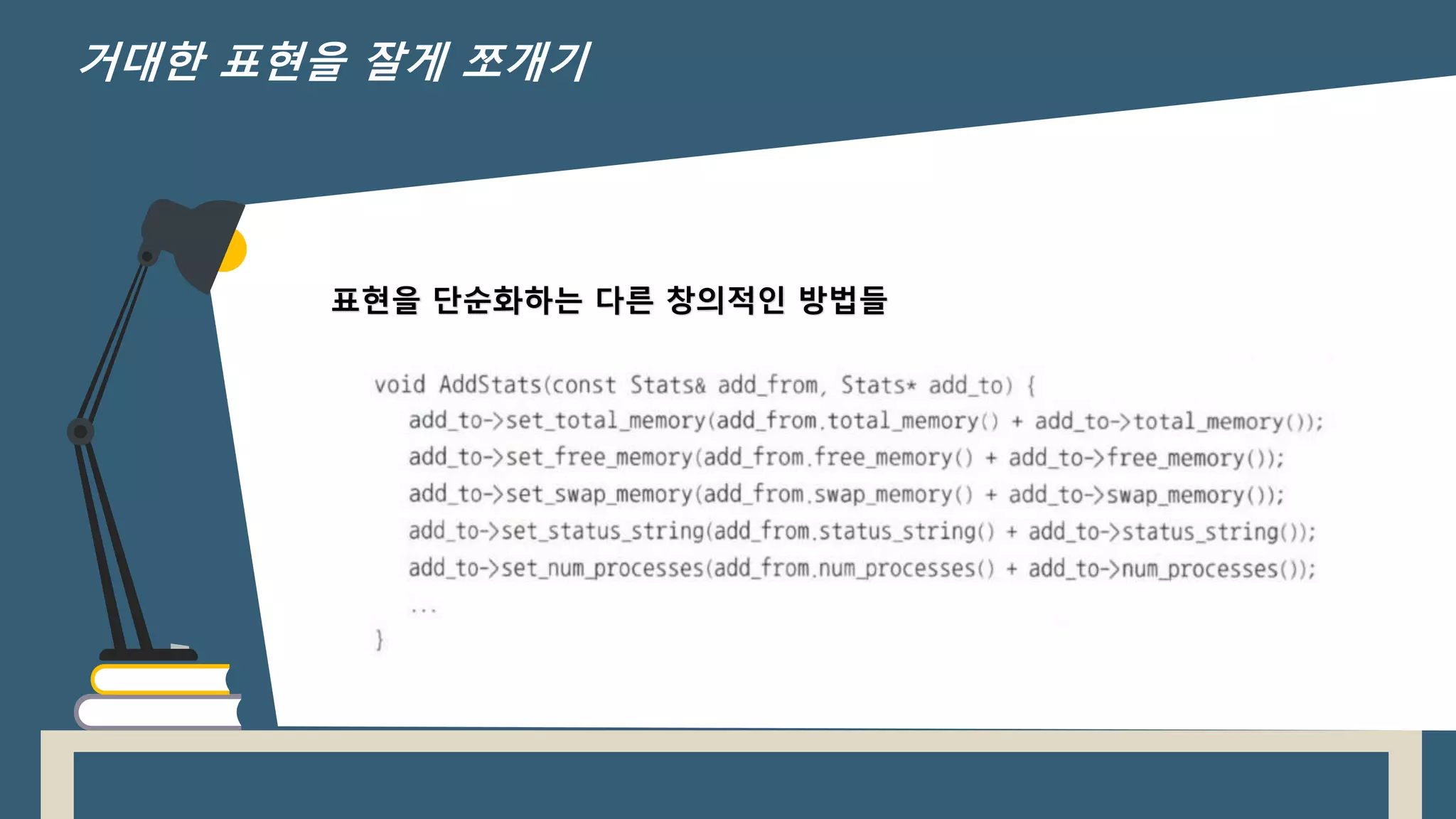 표현을 단순화하는 다른 창의적인 방법들
거대한 표현을 잘게 쪼개기
 