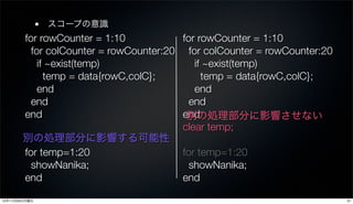 スコープの意識
       for rowCounter = 1:10            for rowCounter = 1:10
         for colCounter = rowCounter:20 for colCounter = rowCounter:20
           if ~exist(temp)                 if ~exist(temp)
             temp = data{rowC,colC};         temp = data{rowC,colC};
           end                             end
         end                              end
       end                              end
                                         別の処理部分に影響させない
                                        clear temp;
       別の処理部分に影響する可能性
       for temp=1:20                    for temp=1:20
         showNanika;                      showNanika;
       end                              end

12年11月26日月曜日                                                             31
 