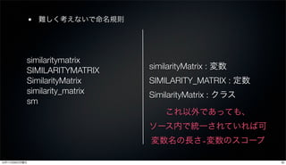 難しく考えないで命名規則




           similaritymatrix
           SIMILARITYMATRIX    similarityMatrix : 変数
           SimilarityMatrix    SIMILARITY_MATRIX : 定数
           similarity_matrix   SimilarityMatrix : クラス
           sm
                                   これ以外であっても、
                               ソース内で統一されていれば可
                               変数名の長さ∝変数のスコープ

12年11月26日月曜日                                            32
 