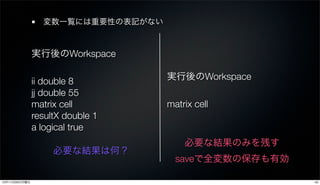 変数一覧には重要性の表記がない



               実行後のWorkspace

               ii double 8         実行後のWorkspace
               jj double 55
               matrix cell         matrix cell
               resultX double 1
               a logical true
                                       必要な結果のみを残す
                    必要な結果は何？
                                     saveで全変数の保存も有効

12年11月26日月曜日                                          43
 