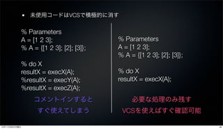未使用コードはVCSで積極的に消す


            % Parameters
            A = [1 2 3];                 % Parameters
            % A = {[1 2 3]; [2]; [3]};   A = [1 2 3];
                                         % A = {[1 2 3]; [2]; [3]};
            % do X
            resultX = execX(A);          % do X
            %resultX = execY(A);         resultX = execX(A);
            %resultX = execZ(A);
                 コメントインすると                    必要な処理のみ残す
                  すぐ使えてしまう                VCSを使えばすぐ確認可能

12年11月26日月曜日                                                          46
 