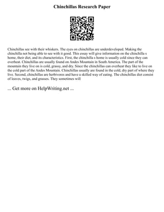 Chinchillas Research Paper
Chinchillas see with their whiskers. The eyes on chinchillas are underdeveloped. Making the
chinchilla not being able to see with it good. This essay will give information on the chinchilla s
home, their diet, and its characteristics. First, the chinchilla s home is usually cold since they can
overheat. Chinchillas are usually found on Andes Mountain in South America. The part of the
mountain they live on is cold, grassy, and dry. Since the chinchillas can overheat they like to live on
the cold part of the Andes Mountain. Chinchillas usually are found in the cold, dry part of where they
live. Second, chinchillas are herbivores and have a skilled way of eating. The chinchillas diet consist
of leaves, twigs, and grasses. They sometimes will
... Get more on HelpWriting.net ...
 