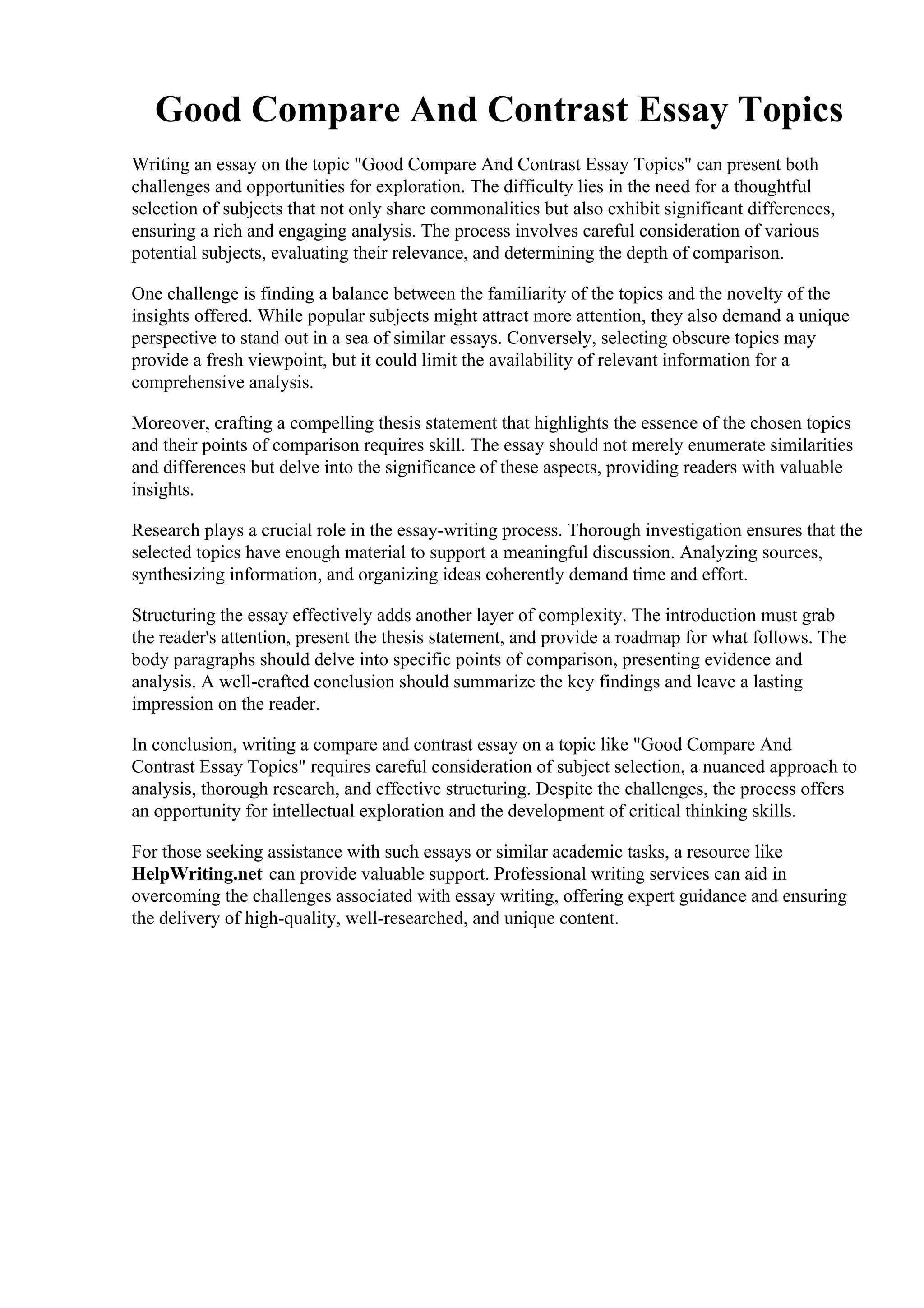 Good Compare And Contrast Essay Topics. 018 Comparison Contrast Essay