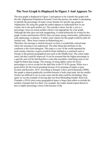 The Next Graph Is Displayed In Figure 3 And Appears To
The next graph is displayed in Figure 3 and appears to be a double bar graph with
the title Afghanistan Population Pyramid. From this picture, the author is attempting
to identify the percentage of males versus females for specific age groups in
Afghanistan. By using this graph the author appears to understand how to use
visuals, but is not quite perfect yet. The concept is there, but the x axis is a
percentage versus an actual number which is not appropriate for a bar graph.
Although the blue does not look unappealing, it could technically be wrong for this
graph. Locker and Kienzler (2014), blue can mean strong, trustworthy, authoritative,
cold, depressing, or gloomy. A better color scheme for this graph would be pink for
females and... Show more content on Helpwriting.net ...
Therefore, the message is unclear because we have a wonderfully colored map
where the meaning is not understood. The other thing that attributes to the
confusion is the word subregion. This map is a view of the world separated by
each country whereas a region would be better defined as a continent such as
Europe or the general geographical area such as the Middle East. The colors make
sense, but they could be improved. It can be assumed that the higher percentage in
a specific area will be bad therefore a color that resembles a bad thing such as red
might be better than orange. The strategy of using lighter colors for lower
percentages is clever except for the dark blue in the 0.5 0.9% group. White was a
great choice for the lowest grouping because of its meaning of empty or pure
(Locker and Kienzler, 2014. According to Stengel, Calori, and Giannoudis (2008),
this graph is almost graphically excellent because it lacks chart junk, but the smaller
clusters are difficult to see in some cases and the data could be misleading. Once
again we see the example of leaving data out from Misleading Graphs: Real Life
Example s (2014) since some geographical space is larger than others to include the
number of people that live there. For example, the reader should expect Russia to
have a higher percentage versus Cuba because of the
 