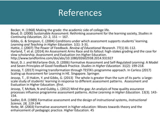 Becker, H. (1968) Making the grade: the academic side of college life.
Boud, D. (2000) Sustainable Assessment: Rethinking assessment for the learning society, Studies in
Continuing Education, 22: 2, 151 — 167.
Gibbs, G. & Simpson, C. (2004) Conditions under which assessment supports students' learning.
Learning and Teaching in Higher Education. 1(1): 3-31.
Hattie, J. (2007) The Power of Feedback. Review of Educational Research. 77(1) 81-112.
Harland, T. et al. (2014) An Assessment Arms Race and its fallout: high-stakes grading and the case for
slow scholarship. Assessment and Evaluation inn Higher Education.
http://www.tandfonline.com/doi/abs/10.1080/02602938.2014.931927
Nicol, D. J. and McFarlane-Dick, D. (2006) Formative Assessment and Self-Regulated Learning: A Model
and Seven Principles of Good Feedback Practice. Studies in Higher Education. 31(2): 199-218.
Jessop, T. (2017) Inspiring transformation through TESTA’s programme approach. In Carless (2017)
Scaling up Assessment for Learning in HE. Singapore. Springer.
Jessop, T. , El Hakim, Y. and Gibbs, G. (2013) The whole is greater than the sum of its parts: a large-
scale study of students’ learning in response to different assessment patterns. Assessment and
Evaluation in Higher Education. ifirst.
Jessop, T, McNab, N and Gubby, L. (2012) Mind the gap: An analysis of how quality assurance
processes influence programme assessment patterns. Active Learning in Higher Education. 13(3). 143-
154.
Sadler, D.R. (1989) Formative assessment and the design of instructional systems, Instructional
Science, 18, 119-144.
Yorke, M. (2003) Formative assessment in higher education: Moves towards theory and the
enhancement of pedagogic practice. Higher Education. 45
References
 