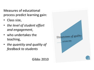 Measures of educational
process predict learning gain:
• Class size,
• the level of student effort
and engagement,
• who undertakes the
teaching,
• the quantity and quality of
feedback to students
Gibbs 2010
 