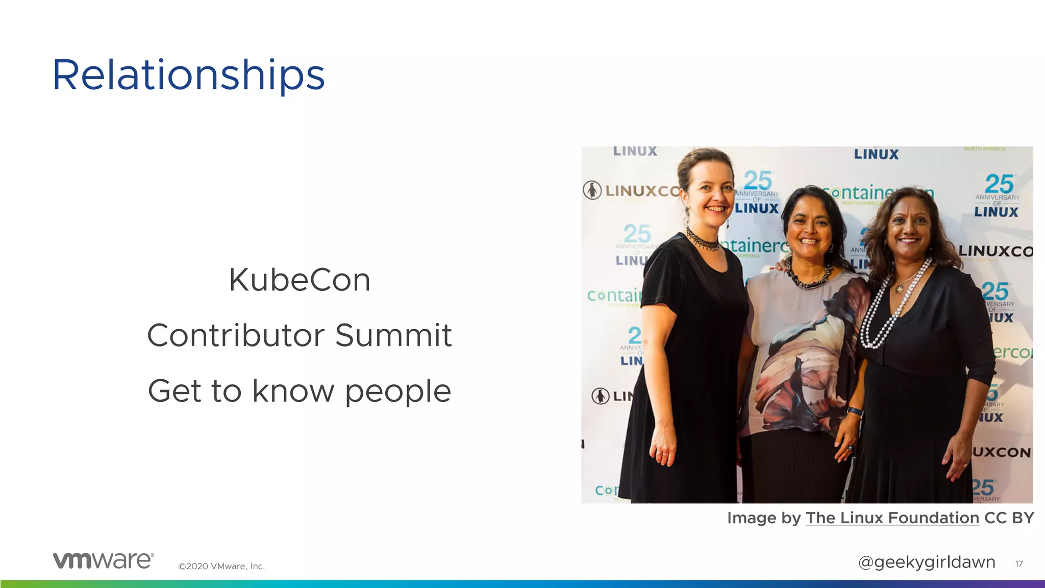 ©2020 VMware, Inc. @geekygirldawn
KubeCon
Contributor Summit
Get to know people
Image by The Linux Foundation CC BY
17
Relationships
 