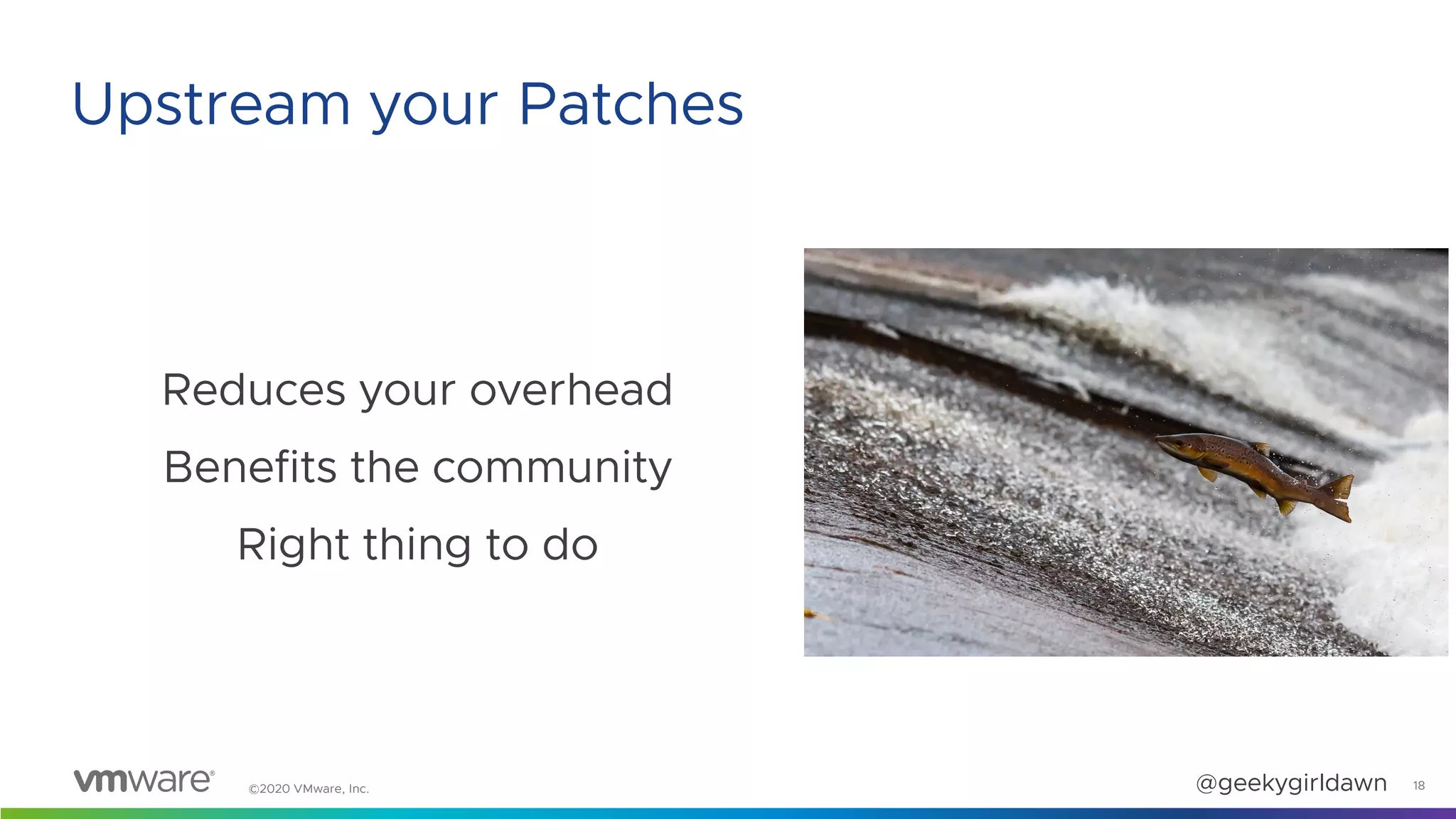 ©2020 VMware, Inc. @geekygirldawn
Reduces your overhead
Benefits the community
Right thing to do
18
Upstream your Patches
 