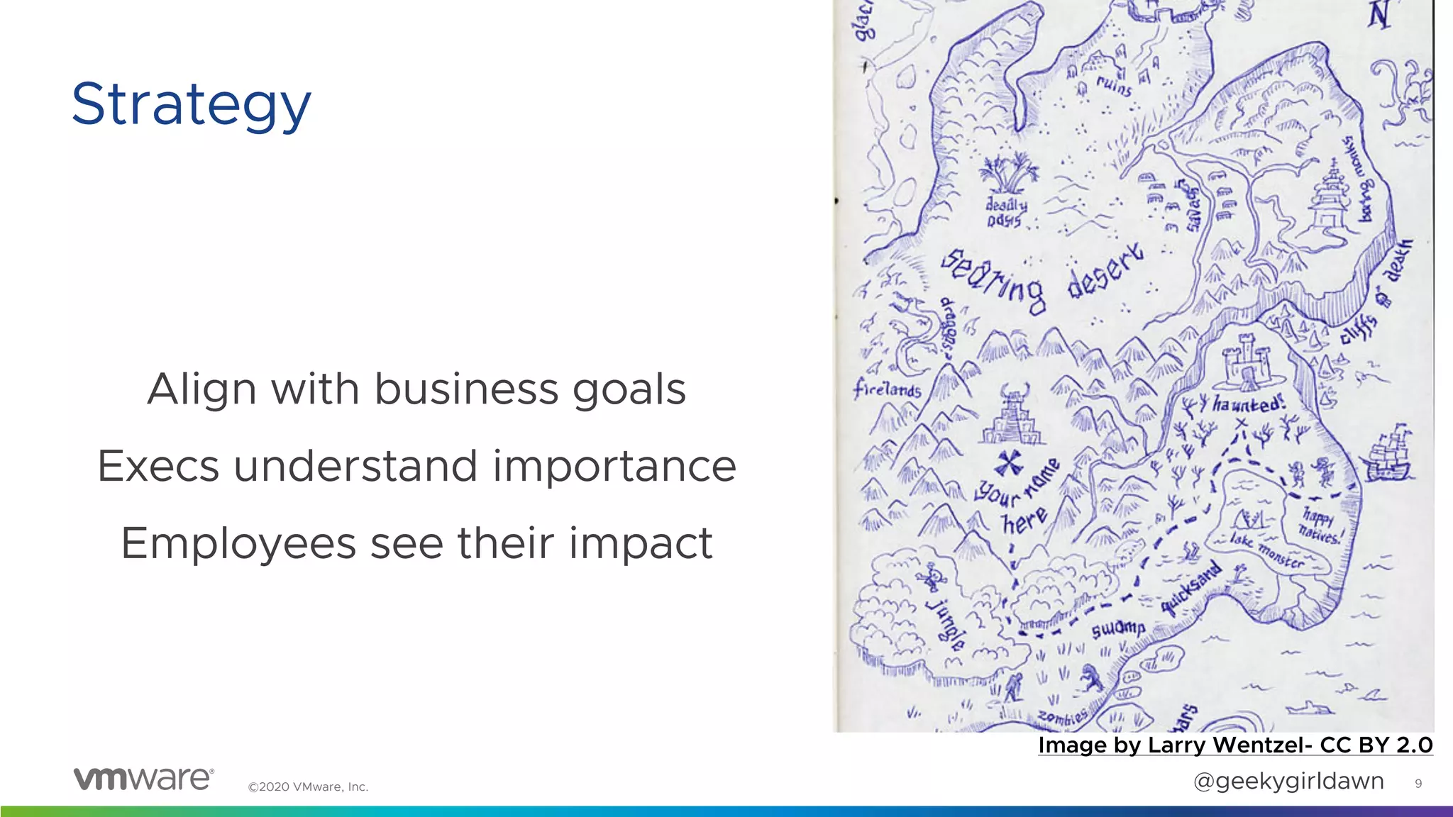 ©2020 VMware, Inc. @geekygirldawn
Align with business goals
Execs understand importance
Employees see their impact
9
Strategy
Image by Larry Wentzel- CC BY 2.0
 