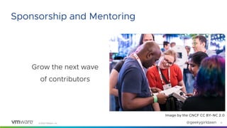 ©2020 VMware, Inc. @geekygirldawn
Grow the next wave
of contributors
16
Sponsorship and Mentoring
Image by the CNCF CC BY-...