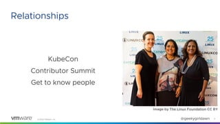 ©2020 VMware, Inc. @geekygirldawn
KubeCon
Contributor Summit
Get to know people
Image by The Linux Foundation CC BY
17
Relationships
 