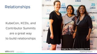 ©2020 VMware, Inc. @geekygirldawn
KubeCon, KCDs, and
Contributor Summits
are a great way
to build relationships
15
Relationships
Image by The Linux Foundation CC BY
 