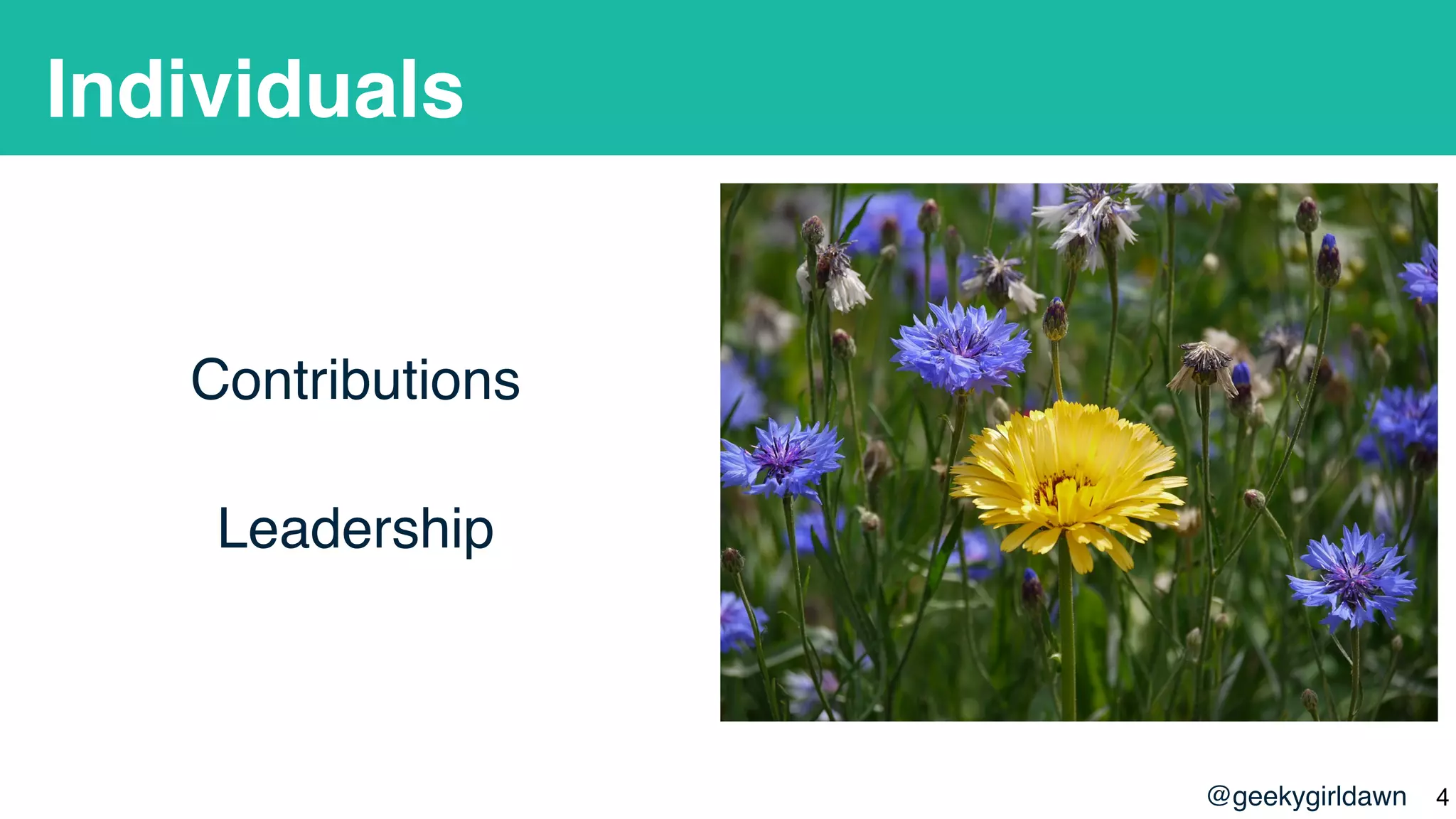 @geekygirldawn
Individuals
Contributions
Leadership
!4
 