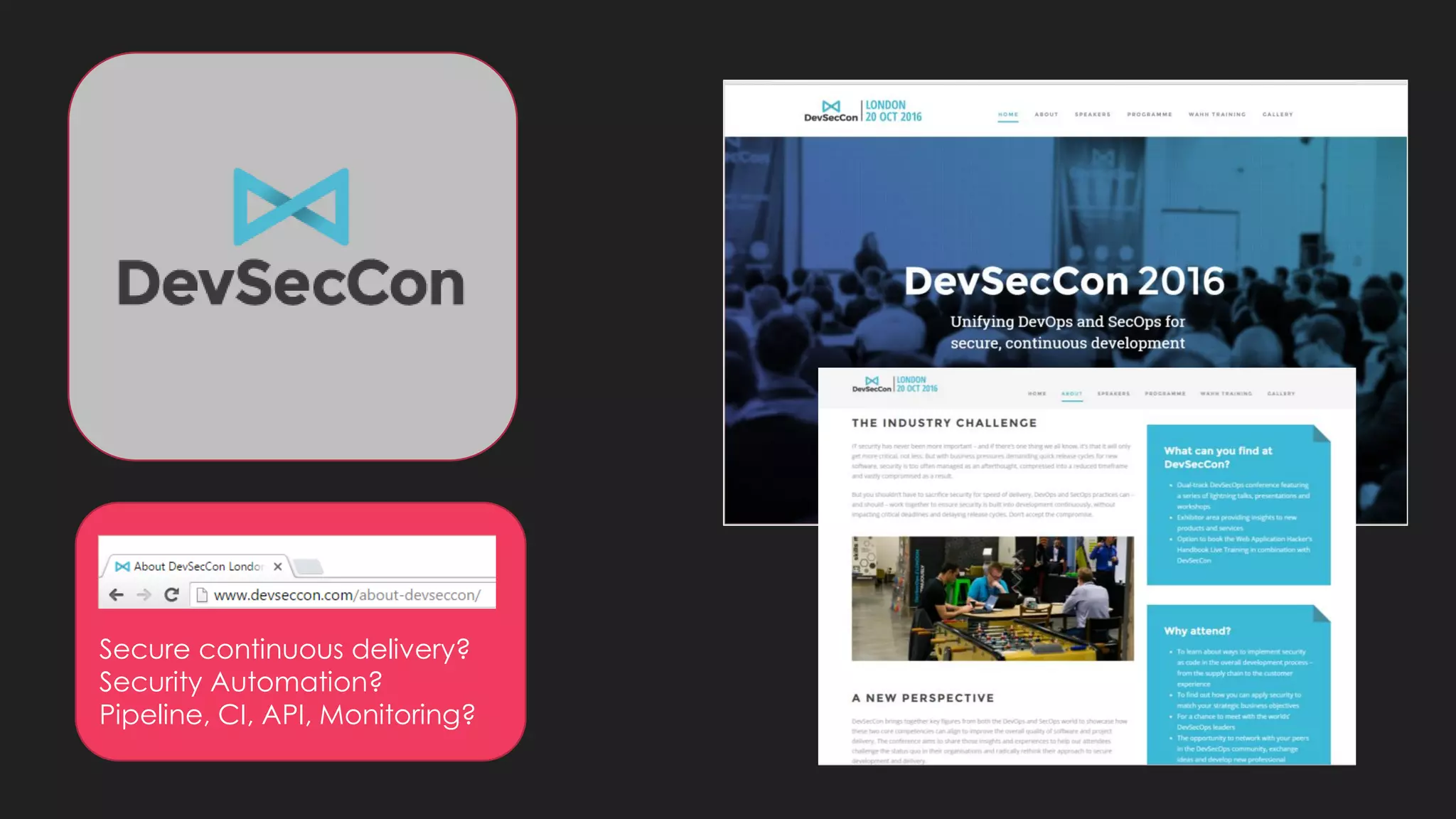 Secure continuous delivery?
Security Automation?
Pipeline, CI, API, Monitoring?
 