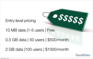 Entry-level pricing

               10 MB data |1-5 users | Free

               0.5 GB data | 50 users | $500/month

               2 GB data |100 users | $1000/month
Tuesday, February 23, 2010
 