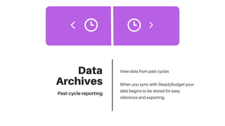Data
Archives
View data from past cycles
When you sync with SteadyBudget your
data begins to be stored for easy
reference and exporting
Past-cyclereporting
 