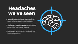 Headaches
we'veseen
Wastedtimespentinmanualworkflows
designed to accurately spend budgets
Challengesorganizingdata across multiple
ad networks and internal systems
Analysts with growing client workloads and
less time to optimize
 