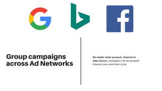 Groupcampaigns
acrossAdNetworks
No matter what account, channel or
data source, campaigns can be grouped
however you need them to be. 
 