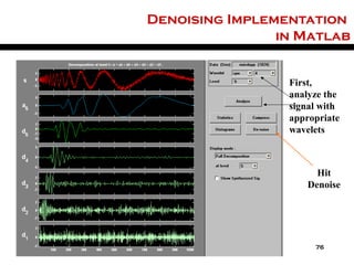 Denoising Implementation
                                in Matlab


                                 First,
                                 analyze the
                                 signal with
                                 appropriate
                                 wavelets



                                       Hit
                                     Denoise




July 25, 2012                         76
 