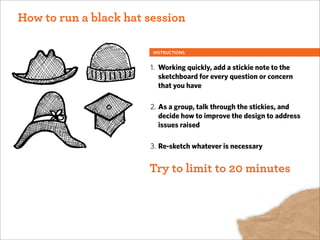 ACTIVITY ONE:
1. Working quickly, add a stickie note to the
sketchboard for every question or concern
that you have
2. As a group, talk through the stickies, and
decide how to improve the design to address
issues raised
3. Re-sketch whatever is necessary
INSTRUCTIONS
How to run a black hat session
Try to limit to 20 minutes
 