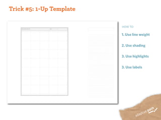 Trick #5: 1-Up Template

                          HOW TO:

                          1. Use line weight

                          2. Use shading

                          3. Use highlights

                          3. Use labels
 