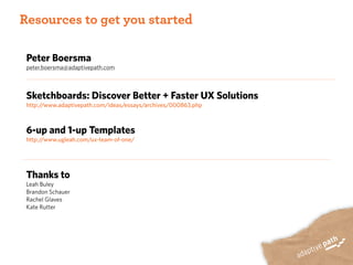 Resources to get you started

 Peter Boersma
 peter.boersma@adaptivepath.com



 Sketchboards: Discover Better + Faster UX Solutions
 http://www.adaptivepath.com/ideas/essays/archives/000863.php



 6-up and 1-up Templates
 http://www.ugleah.com/ux-team-of-one/




 Thanks to
 Leah Buley
 Brandon Schauer
 Rachel Glaves
 Kate Rutter
 