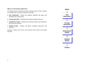 2
WHAT IS THE DESIGN PROCESS?
The design process describes the steps a designer takes to find a solution
to a problem and is usually divided into four steps:
 task clarification - defines the problem, identifies the needs, and
establishes the requirements,
 concept generation - identifies and evaluates possible solutions,
 embodiment design - elaborates the selected solution and determines
the layout and structure,
 detailed design - finalises the details including dimensions and
materials,
Iterations, checks, and reviews occur between these steps as the design
develops.
Task
Clarification
Concept
Generation
Embodiment
Design
Detailed
Design
Product
Needs
Task
Clarification
Concept
Generation
Embodiment
Design
Detailed
Design
Product
Needs
 