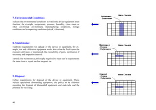 46
7. Environmental Conditions
Indicate the environmental conditions in which the device/equipment must
function, for example, temperature, pressure, humidity, clean room or
other con-trolled environment, manufacturing conditions, storage
conditions and transporting conditions (shock, vibrations).
8. Maintenance
Establish requirements for upkeep of the device or equipment, for ex-
ample, test and calibration equipment needs, how often the device must be
cleaned, calibrated, or maintained, the cleanability of parts, sterilisation if
necessary and inspection interval.
Identify the maintenance philosophy required to meet user’s requirements
for mean time to repair, on-line support, etc.
9. Disposal
Define requirements for disposal of the device or equipment. These
include specialised dismantling equipment, the policy to be followed
regarding the disposal of dismantled equipment and materials, and the
potential for recycling.
 