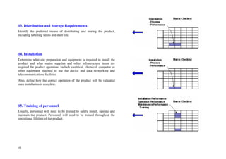 48
13. Distribution and Storage Requirements
Identify the preferred means of distributing and storing the product,
including labelling needs and shelf life.
14. Installation
Determine what site preparation and equipment is required to install the
product and what mains supplies and other infrastructure items are
required for product operation. Include electrical, chemical, computer or
other equipment required to use the device and data networking and
telecommunications facilities.
Also, define how the correct operation of the product will be validated
once installation is complete.
15. Training of personnel
Usually, personnel will need to be trained to safely install, operate and
maintain the product. Personnel will need to be trained throughout the
operational lifetime of the product.
 