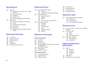 56
Operating Costs
initial costs
product (target consumer price, selling
discounts)
delivery/distribution
installation
acceptance tests
operator and support personnel training
running costs
operating and support personnel wages
energy
communications infrastructure
other services
depreciation
on-going operator and support personnel
training
Operating documentation
user manuals
operating instructions
safety instructions
drawings
specifications
risk analysis for hazards in use
Maintenance Process
customer (distributor) support
help desk
support staff (distributor staff) training
maintenance policy
diagnostic methods
schedule
MTTR
resources (spares, trained people)
maintenance operations
procedures
calibration
exchange of parts
repair
cleaning/sterilisation
painting
Maintenance Performance
Product maintainability
accessibility
modularity
status indications
test and diagnostic facilities (need for special
test equipment?)
fault isolation facilities
documentation
expected service life
Performance parameters
warranty/support period
inspection interval
calibration interval
service interval
response/repair time
user maintenance
training requirements
Maintenance Safety
safety during maintenance operations
product users
maintenance staff
associated plant and equipment
Maintenance Costs
cost if relevant of planned and unplanned
downtime
maintenance staff
wages
training
travel and subsistence
maintenance materials
replacement parts
consumables
Support and maintenance
documentation
manuals
installation
calibration
maintenance
training
records/logs
risk analysis for service hazards
 