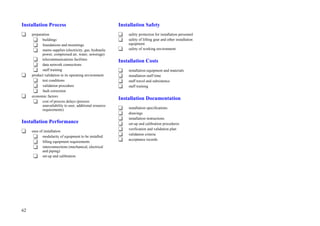 62
Installation Process
preparation
buildings
foundations and mountings
mains supplies (electricity, gas, hydraulic
power, compressed air, water, sewerage)
telecommunications facilities
data network connections
staff training
product validation in its operating environment
test conditions
validation procedure
fault correction
economic factors
cost of process delays (process
unavailability to user, additional resource
requirements)
Installation Performance
ease of installation
modularity of equipment to be installed
lifting equipment requirements
interconnections (mechanical, electrical
and piping)
set-up and calibration
Installation Safety
safety protection for installation personnel
safety of lifting gear and other installation
equipment
safety of working environment
Installation Costs
installation equipment and materials
installation staff time
staff travel and subsistence
staff training
Installation Documentation
installation specifications
drawings
installation instructions
set-up and calibration procedures
verification and validation plan
validation criteria
acceptance records
 