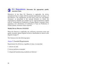 68
EU Regulations: Determine the appropriate quality
assurance route.
Whichever of the three EU Directives is applicable, the device
manufacturer has to comply with the essential requirements in Annex 1 of
that Directive. The manufacturer can then opt to carry out ‘Full Quality
Assurance’ as prescribed in the relevant Directive or follow the
requirements as detailed, for example for EC Type-Examination coupled
with EC Verification (or Production or Product Quality Assurance where
required) or EC Declaration of Conformity to Type (or Production or
Product Quality Assurance where required).
Medical Device Directive 93/42/EEC
When this Directive is applicable, the conformity assessment routes and
quality assurance options depend on device classification as shown in the
diagram on page 67.
The Annexes cover the following topics:
Annex I: Essential Requirements
Requirements for all devices, regardless of class, to ensure that:
1. devices are safe,
2. devices perform as intended,
3. design and manufacturing standards are followed.
 