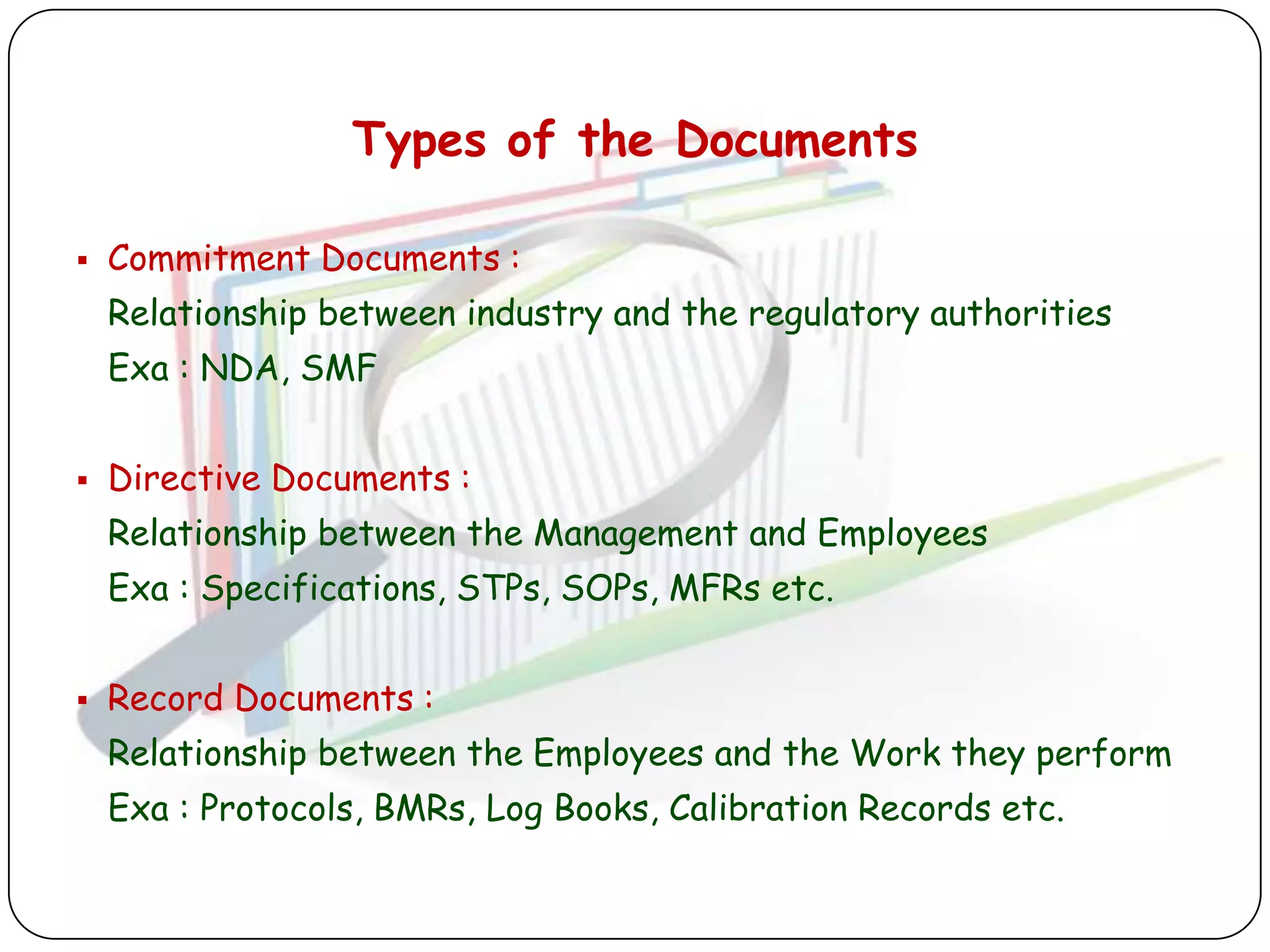 Types of the Documents

   Commitment Documents :
    Relationship between industry and the regulatory authorities
    Exa : NDA, SMF


   Directive Documents :
    Relationship between the Management and Employees
    Exa : Specifications, STPs, SOPs, MFRs etc.


   Record Documents :
    Relationship between the Employees and the Work they perform
    Exa : Protocols, BMRs, Log Books, Calibration Records etc.
 