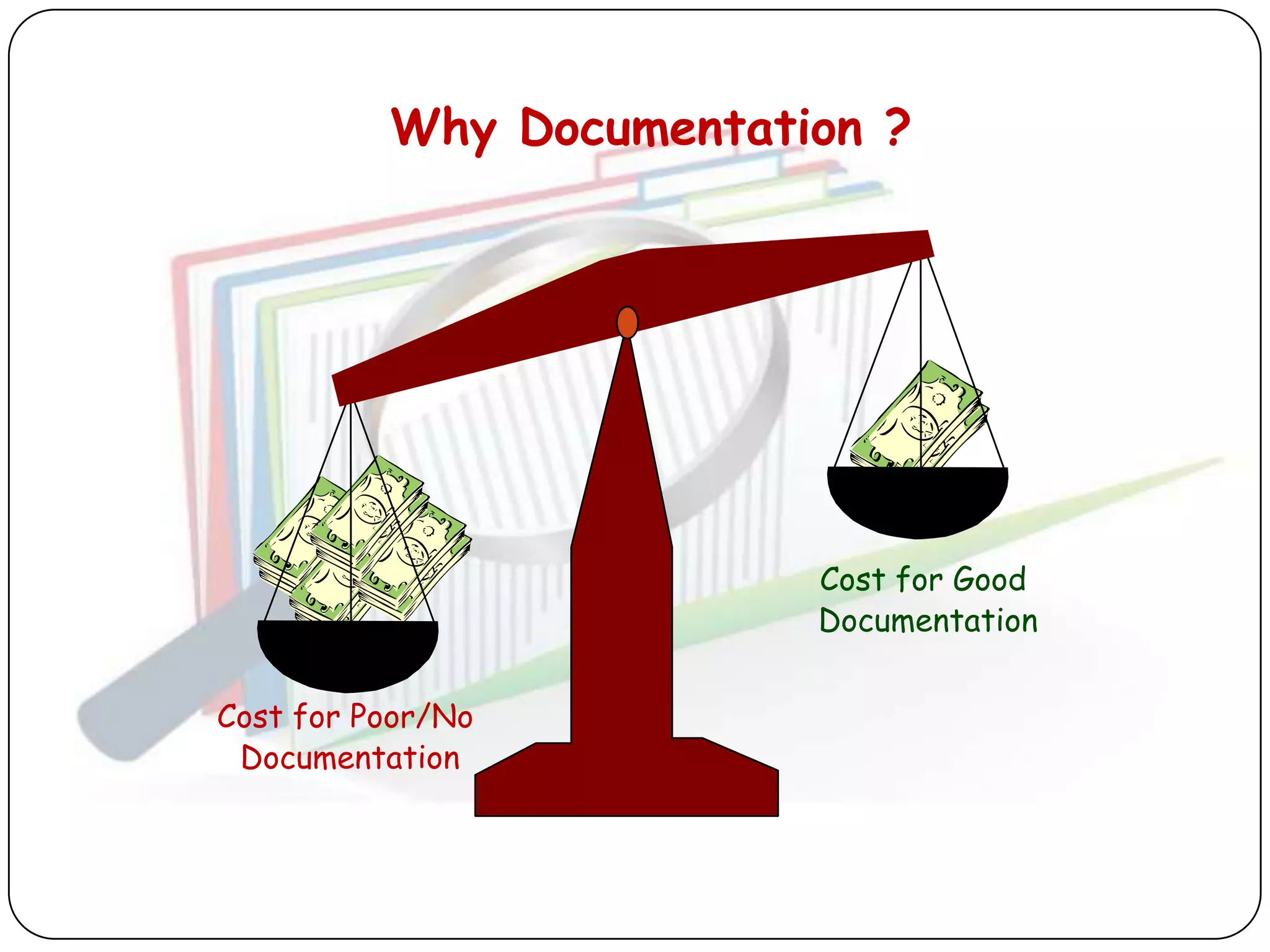 Why Documentation ?




                         Cost for Good
                         Documentation


Cost for Poor/No
 Documentation
 