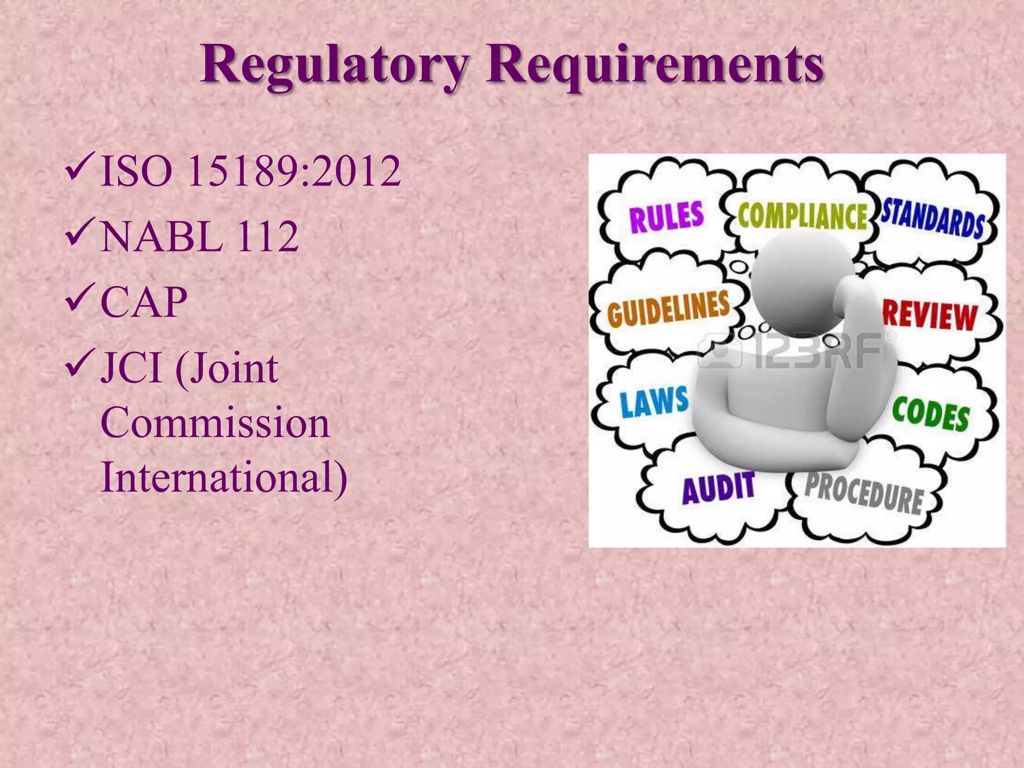Regulatory Requirements
ISO 15189:2012
NABL 112
CAP
JCI (Joint
Commission
International)
 