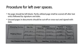 Procedure for left over spaces.
• No page should be left blank. Partly utilized page shall be scored off after last
entry followed by signature and date.
• Unused pages in documents should be cut-off or cross-out and signed with
date.
 