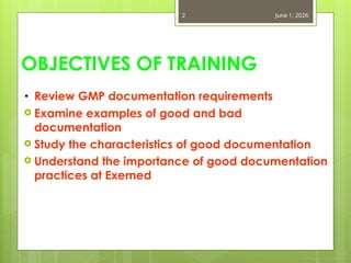 Documenting Training. Examples Comprehensive Training on Good Documentation Practices in GMP | PPT