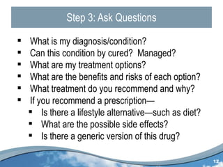 Step 3: Ask Questions What is my diagnosis/condition? Can this condition by cured?  Managed? What are my treatment options?  What are the benefits and risks of each option? What treatment do you recommend and why? If you recommend a prescription— Is there a lifestyle alternative—such as diet? What are the possible side effects? Is there a generic version of this drug? 