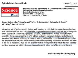 Cytoskeleton Journal Club                 June 13, 2012




                            Presented by Suk Namgoong
 