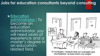 Jobs for education consultants beyond consulting
Education
administrator : To
become an
education
administrator, you
will need years of
experience and a
master’s degree in
an education-
related field.
 