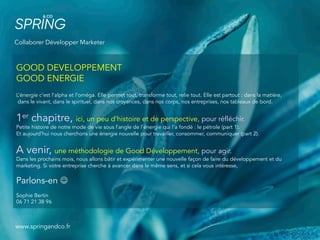 GOOD DEVELOPPEMENT
GOOD ENERGIE
L’énergie c’est l’alpha et l’oméga. Elle permet tout, transforme tout, relie tout. Elle est partout : dans la matière,
dans le vivant, dans le spirituel, dans nos croyances, dans nos corps, nos entreprises, nos tableaux de bord.
1er chapitre, ici, un peu d’histoire et de perspective, pour réfléchir.
Petite histoire de notre mode de vie sous l’angle de l’énergie qui l‘a fondé : le pétrole (part 1).
Et aujourd’hui nous cherchons une énergie nouvelle pour travailler, consommer, communiquer (part 2).
A venir, une méthodologie de Good Développement, pour agir.
Dans les prochains mois, nous allons bâtir et expérimenter une nouvelle façon de faire du développement et du
marketing. Si votre entreprise cherche à avancer dans le même sens, et si cela vous intéresse,
Parlons-en J
Sophie Bertin
06 71 21 38 96
Collaborer Développer Marketer
www.springandco.fr
 