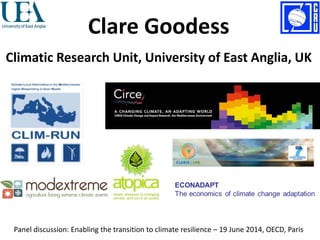 Clare Goodess
Climatic Research Unit, University of East Anglia, UK
Panel discussion: Enabling the transition to climate resilience – 19 June 2014, OECD, Paris
 