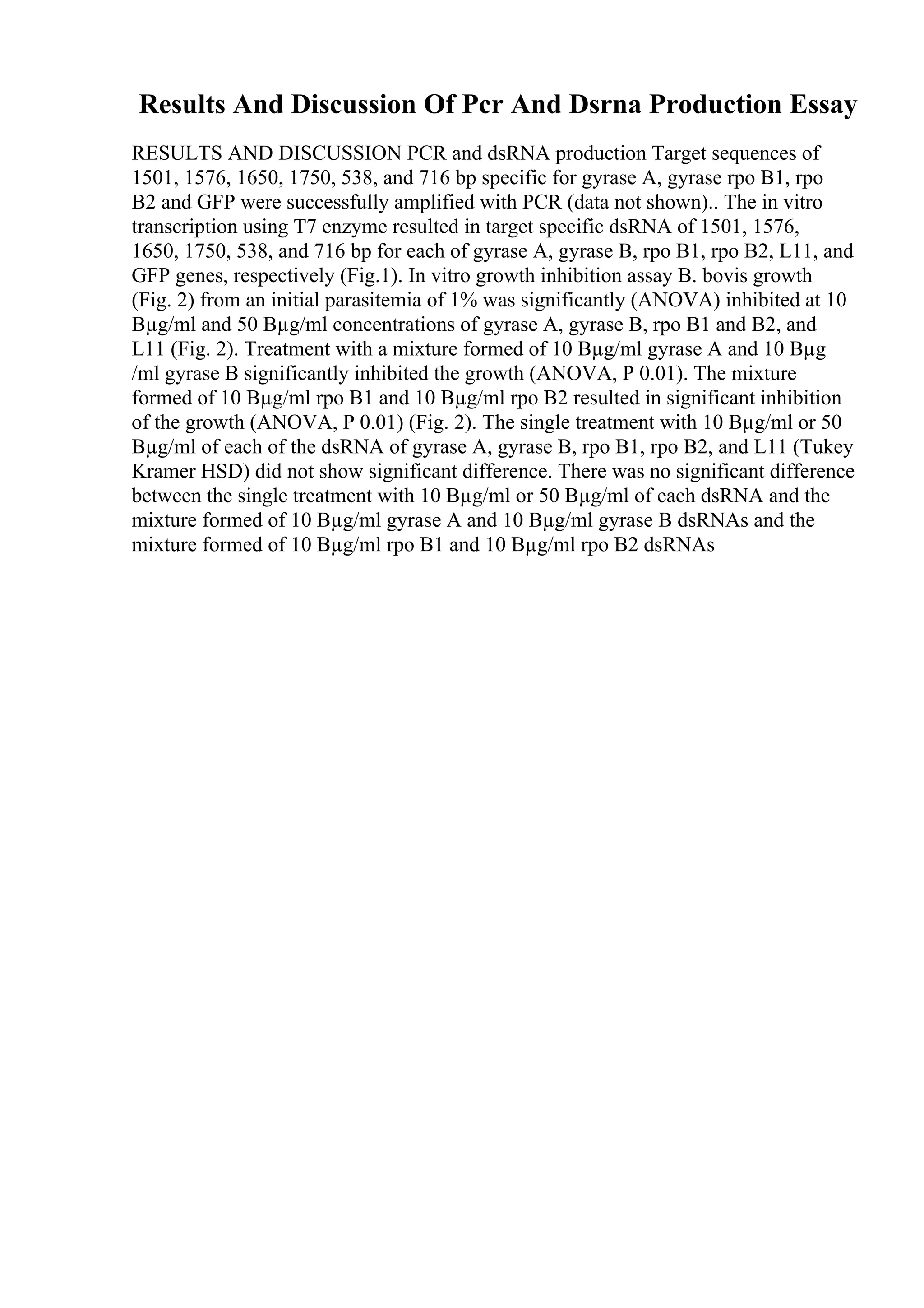 Results And Discussion Of Pcr And Dsrna Production Essay
RESULTS AND DISCUSSION PCR and dsRNA production Target sequences of
1501, 1576, 1650, 1750, 538, and 716 bp specific for gyrase A, gyrase rpo B1, rpo
B2 and GFP were successfully amplified with PCR (data not shown).. The in vitro
transcription using T7 enzyme resulted in target specific dsRNA of 1501, 1576,
1650, 1750, 538, and 716 bp for each of gyrase A, gyrase B, rpo B1, rpo B2, L11, and
GFP genes, respectively (Fig.1). In vitro growth inhibition assay B. bovis growth
(Fig. 2) from an initial parasitemia of 1% was significantly (ANOVA) inhibited at 10
Вµg/ml and 50 Вµg/ml concentrations of gyrase A, gyrase B, rpo B1 and B2, and
L11 (Fig. 2). Treatment with a mixture formed of 10 Вµg/ml gyrase A and 10 Вµg
/ml gyrase B significantly inhibited the growth (ANOVA, P 0.01). The mixture
formed of 10 Вµg/ml rpo B1 and 10 Вµg/ml rpo B2 resulted in significant inhibition
of the growth (ANOVA, P 0.01) (Fig. 2). The single treatment with 10 Вµg/ml or 50
Вµg/ml of each of the dsRNA of gyrase A, gyrase B, rpo B1, rpo B2, and L11 (Tukey
Kramer HSD) did not show significant difference. There was no significant difference
between the single treatment with 10 Вµg/ml or 50 Вµg/ml of each dsRNA and the
mixture formed of 10 Вµg/ml gyrase A and 10 Вµg/ml gyrase B dsRNAs and the
mixture formed of 10 Вµg/ml rpo B1 and 10 Вµg/ml rpo B2 dsRNAs
 