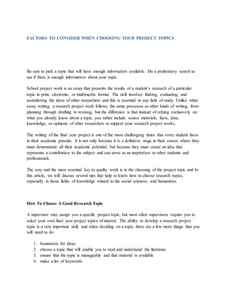 Factors to consider before choosing school project topics | DOCX